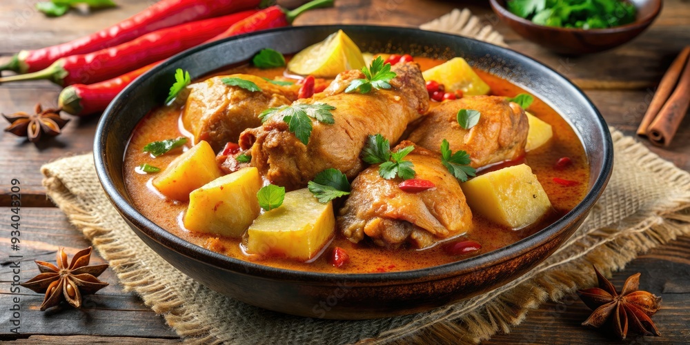 Hearty Massaman curry with tender chicken and potatoes, bursting with aromatic flavors, showcasing a perfect balance of sweet, tangy, and slightly spicy notes. Hearty Massaman curry with tender chicken and potatoes, bursting with aromatic flavors, showcasing a perfect balance of sweet, tangy, and slightly spicy notes.