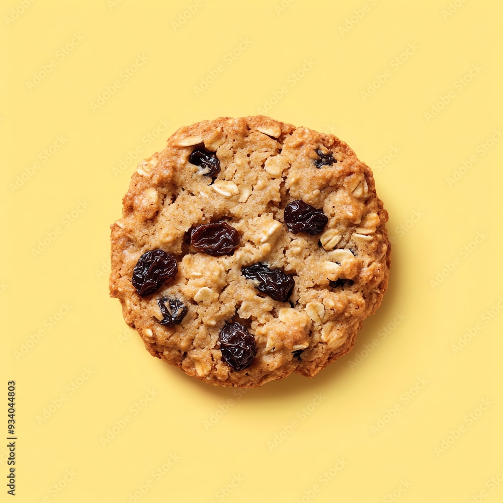 Close-up of a single oatmeal cookie with visible raisins, isolated on a pastel yellow background. Homemade snack concept with rustic texture. Close-up of a single oatmeal cookie with visible raisins, isolated on a pastel yellow background. Homemade snack concept with rustic texture.