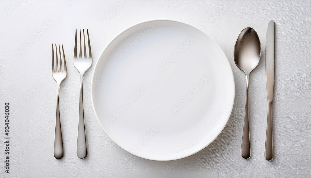 Empty White Plate with Silverware on Light Background Empty White Plate with Silverware on Light Background