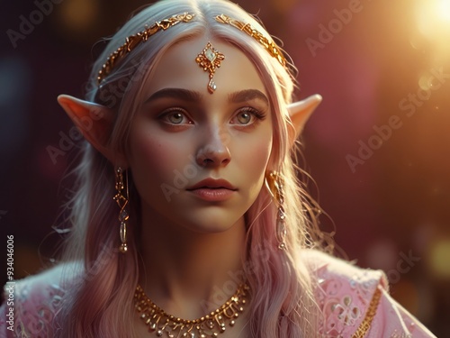 Ethereal elven princess in golden light, adorned with delicate jewelry photo