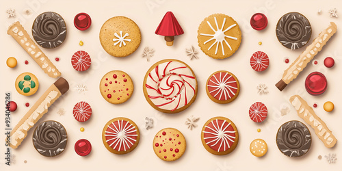 Image of holiday-themed cookies and desserts arranged in a symmetrical pattern, flat illustration