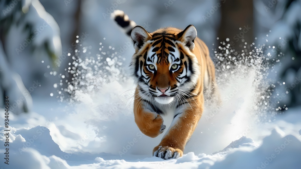 Obraz premium Tiger Racing Through Snow