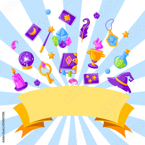 Background with magic items. Witchcraft alchemy mystery elements.