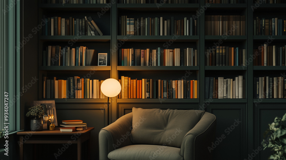 Fototapeta premium Cozy Reading Nook with Bookshelf and Armchair, Warmly Lit Interior Scene