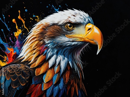 Colorful eagle head portrait with dynamic splashes of paint in a vibrant artistic style photo