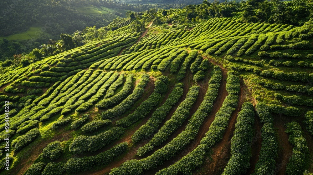 Bird's eye view of a coffee plantation, with terraced fields of coffee plants stretching across hilly terrain. Bird's eye view of a coffee plantation, with terraced fields of coffee plants stretching across hilly terrain.