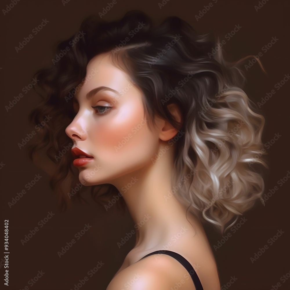 Fototapeta premium Profile of a young woman with curly hair against a dark background, showcasing elegant features and a soft expression
