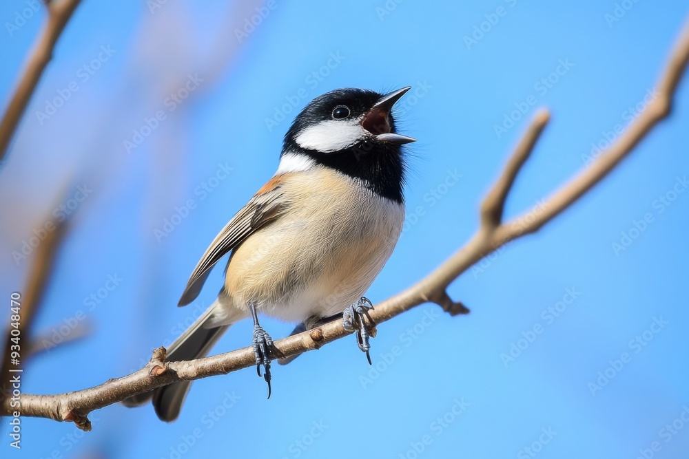 A close-up of a chickadee bird singing on a branch with a vibrant blue sky background. A close-up of a chickadee bird singing on a branch with a vibrant blue sky background.