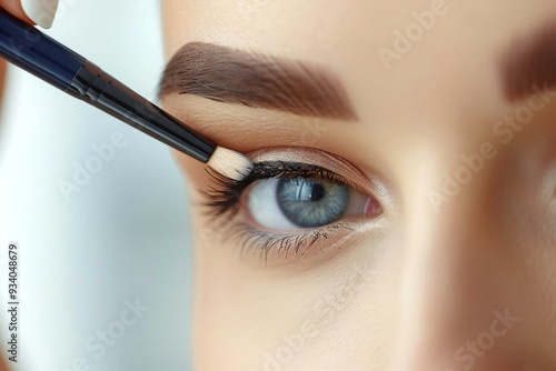 a close-up shot of a woman's perfectly shaped and filled eyebrows, showcasing the results of microblading and microshading with a clean and minimalistic background. photo