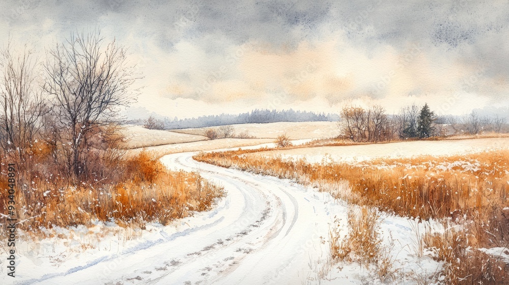 Obraz premium Snow covered road winding through fields and woodlands watercolor artwork