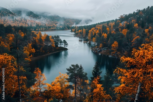 Serene Autumn Landscape with Vibrant Orange Foliage and Calm Waters