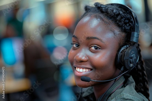 An image of an African woman call center agent smiling while using VoIP for consulting and listening in an office setting. She is wearing headphones with a microphone