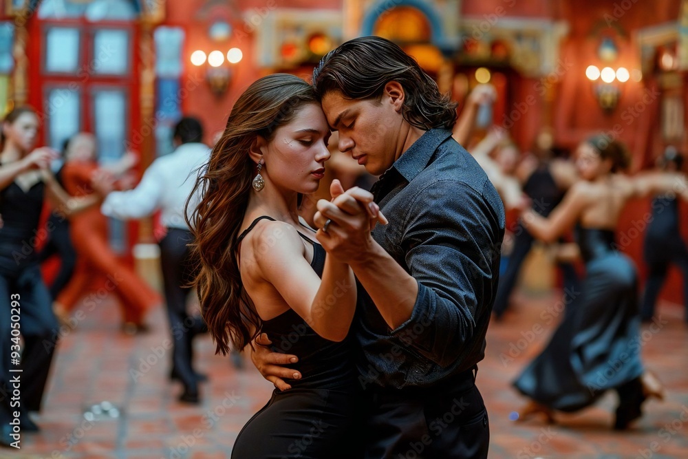 photo idea: Close-up shot of couple passionately dancing the tango in a dimly lit ballroom surrounded by other dancers in motion. photo idea: Close-up shot of couple passionately dancing the tango in a dimly lit ballroom surrounded by other dancers in motion.