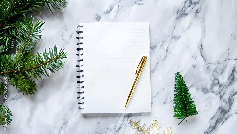 Top view of a spiral notebook with a gold pen surrounded by Christmas decorations on a marble surface, perfect for holiday planning and notes. Top view of a spiral notebook with a gold pen surrounded by Christmas decorations on a marble surface, perfect for holiday planning and notes.