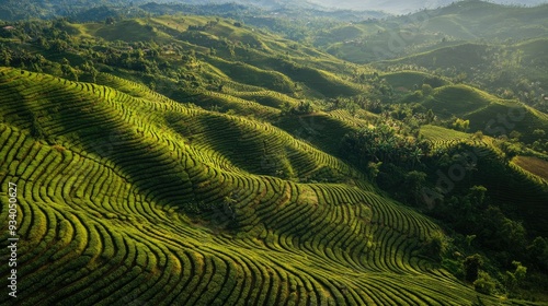 Bird's eye view of a coffee plantation, with terraced fields of coffee plants stretching across hilly terrain.