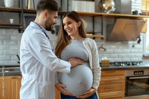 Close up shot of a hand of an unknown obstetrician touching a big belly of a pregnant woman during a prenatal care consult at home. Focus on the moment of connection between the doctor