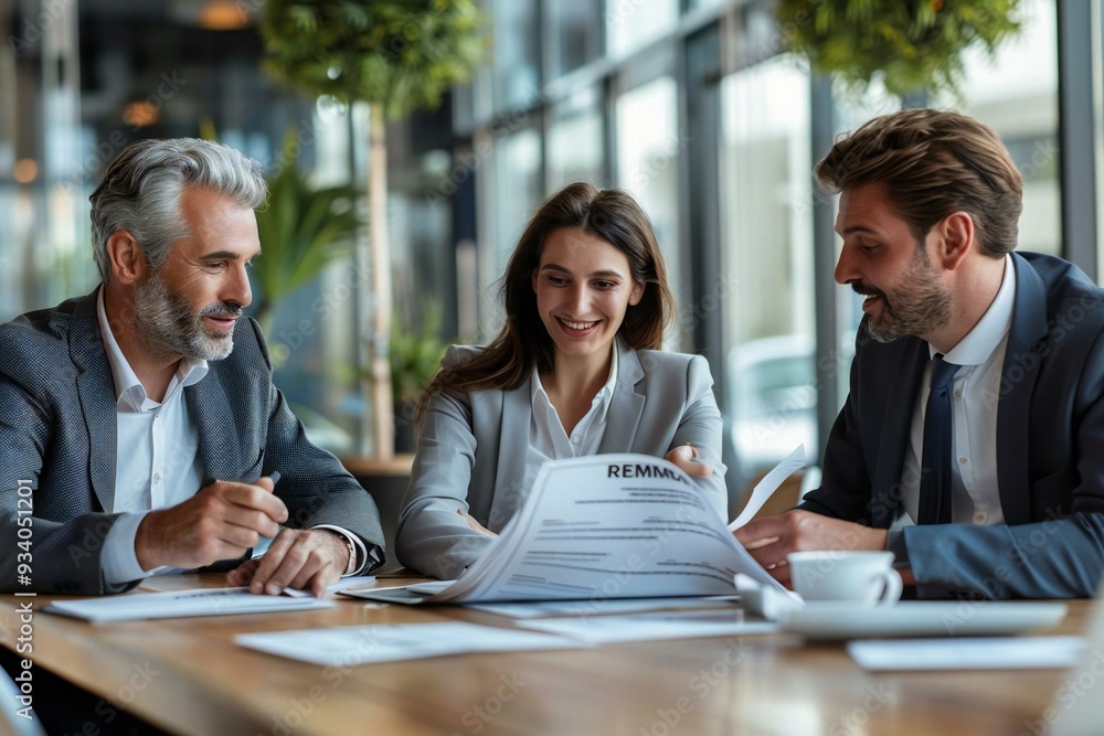Photo idea: A group of business professionals in modern office attire, sitting around a table looking through resumes and discussing potential candidates for a job position. Photo idea: A group of business professionals in modern office attire, sitting around a table looking through resumes and discussing potential candidates for a job position.