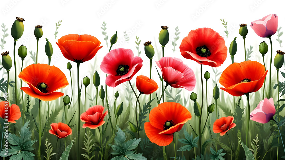 Fototapeta premium Poppy Flowers and Buds Against White Background - Vibrant Floral Display