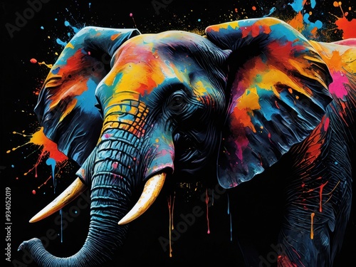 Colorful elephant head portrait with dynamic splashes of paint in a vibrant artistic style