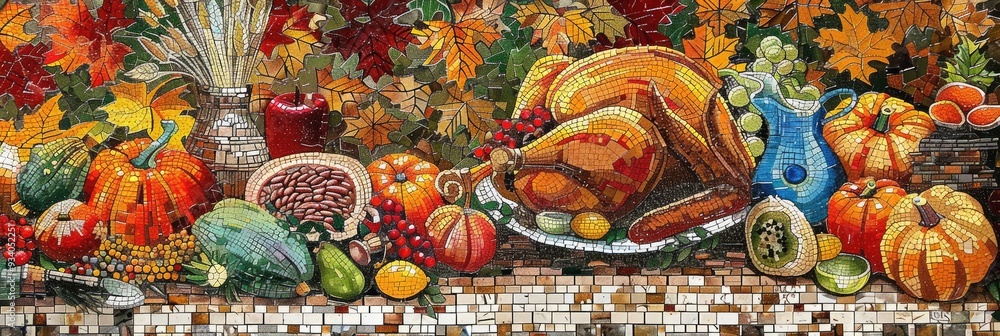 mosaic style illustration depicting a Thanksgiving scene, using small colorful tiles to form images of harvest, feasting, and seasonal elements mosaic style illustration depicting a Thanksgiving scene, using small colorful tiles to form images of harvest, feasting, and seasonal elements