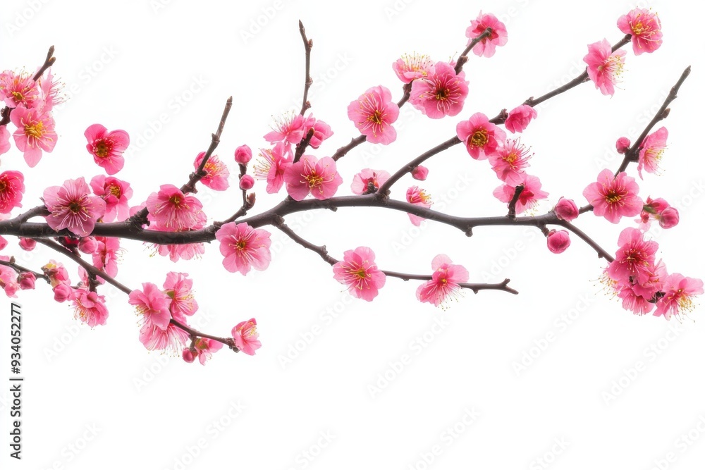 A delicate branch of cherry blossoms with pink flowers against a white background, showcasing nature's beauty. A delicate branch of cherry blossoms with pink flowers against a white background, showcasing nature's beauty.