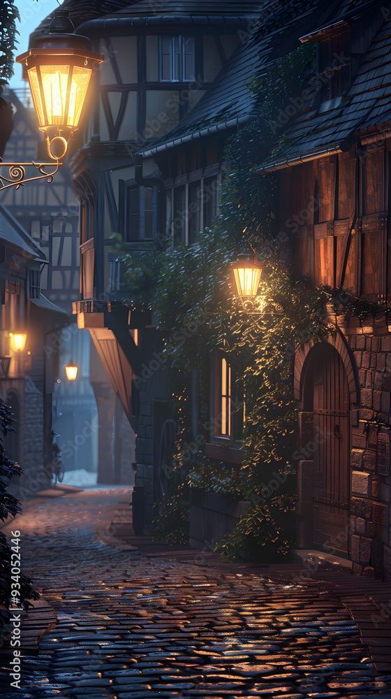 Nostalgic Glow: An Old-fashioned Streetlight Illuminating a Tranquil, Misty Cobblestone Street at Night Nostalgic Glow: An Old-fashioned Streetlight Illuminating a Tranquil, Misty Cobblestone Street at Night
