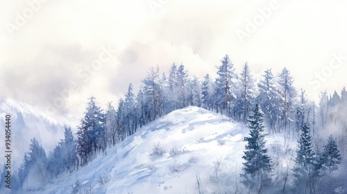 Wallpaper Mural Watercolor depiction of a forest atop a snowy mountain Torontodigital.ca