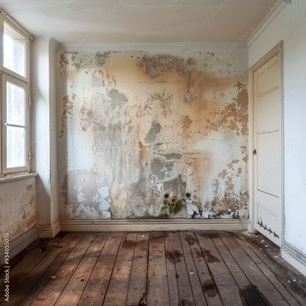 The image showcases an empty room with dingy white walls covered in mold, and a brown wooden floor. The room appears neglected and in need of renovation, The image showcases an empty room with dingy white walls covered in mold, and a brown wooden floor. The room appears neglected and in need of renovation,