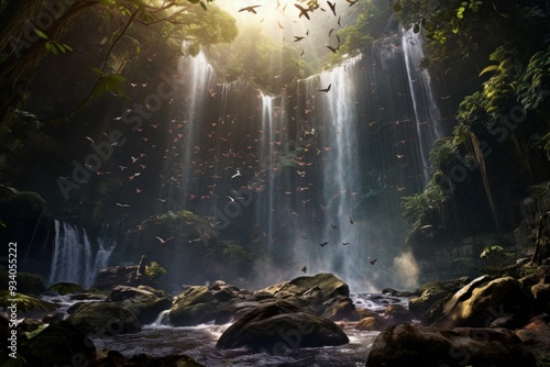 Stunning Waterfall in Lush Rainforest with Birds in Flight