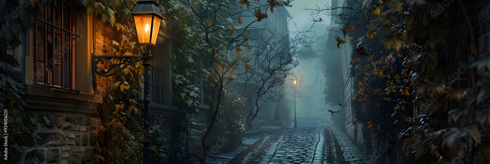 Fototapeta premium Nostalgic Glow: An Old-fashioned Streetlight Illuminating a Tranquil, Misty Cobblestone Street at Night
