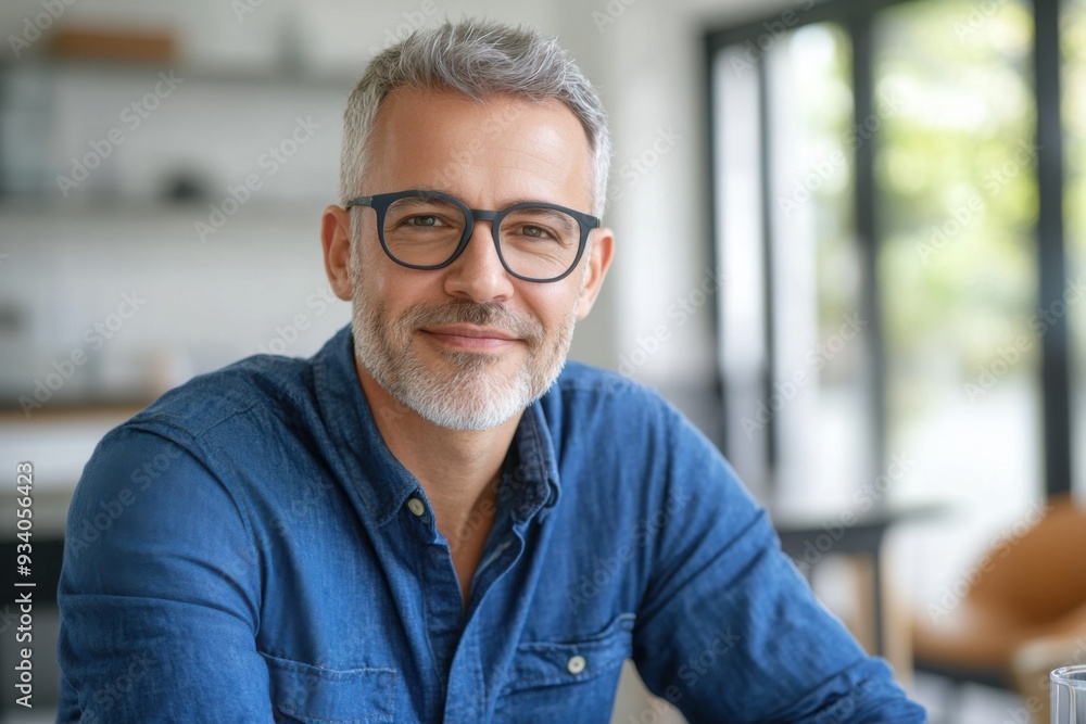 A grey-haired man wearing glasses and a denim shirt smiles warmly indoors. A grey-haired man wearing glasses and a denim shirt smiles warmly indoors.