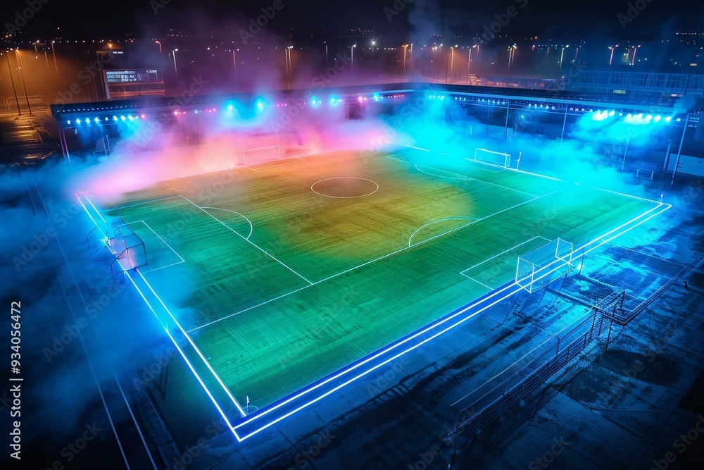 Aerial shot of a soccer game field covered in vibrant neon fog, capturing the texture of the field with the center midfield in focus. Aerial shot of a soccer game field covered in vibrant neon fog, capturing the texture of the field with the center midfield in focus.