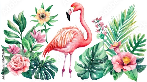 Pink flamingo surrounded by vibrant tropical foliage on a white backdrop Artistic floral arrangement Watercolor illustration featuring roses yucca palms leaves passionflower and succulents