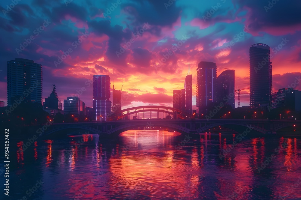 Stunning Sunset Over a City Skyline Reflected in Water Stunning Sunset Over a City Skyline Reflected in Water