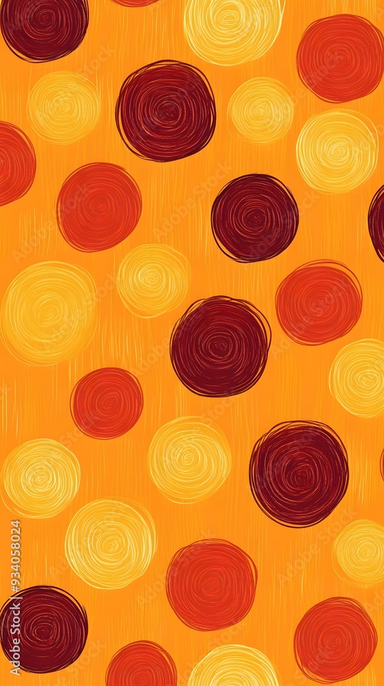 Fototapeta premium Red Circles, Balls, Spheres, Spirals, on Orange Background, Abstract Image, Texture, Pattern, Wallpaper, Cover and Screen of Smartphone, Cell Phone, Computer, Laptop, 9:16 and 16:9 Format