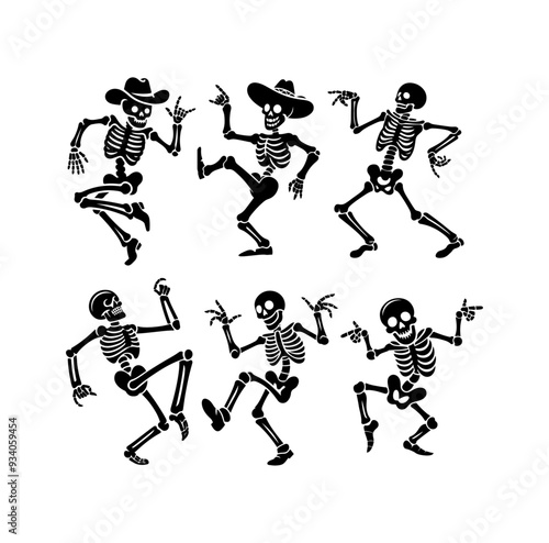 Set of spooky silhouettes, dancing skeleton in Halloween celebration isolated on white background