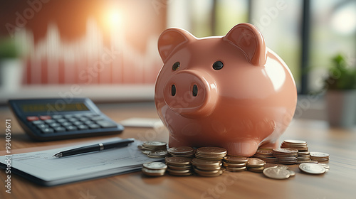 Piggy Bank with Coins, Calculator, and Financial Document on Desk - Savings and Personal Finance Concept