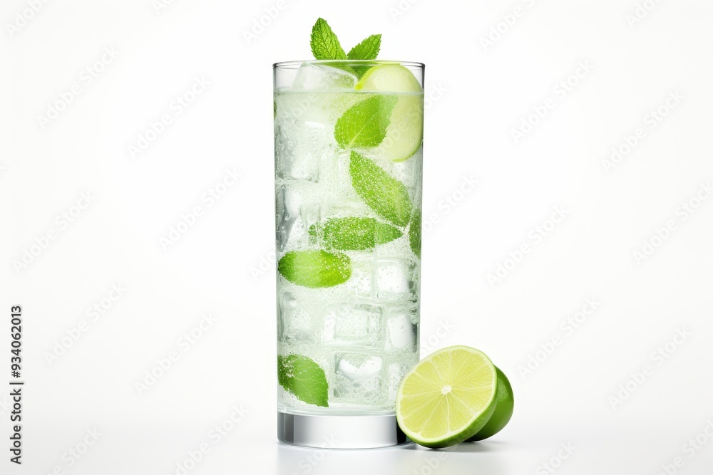 Close up of isolated mojito drink with lime and straw on white background for detailed view Close up of isolated mojito drink with lime and straw on white background for detailed view