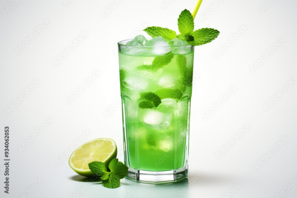 Close up isolated mojito drink with lime and straw on white background, refreshing cocktail concept Close up isolated mojito drink with lime and straw on white background, refreshing cocktail concept