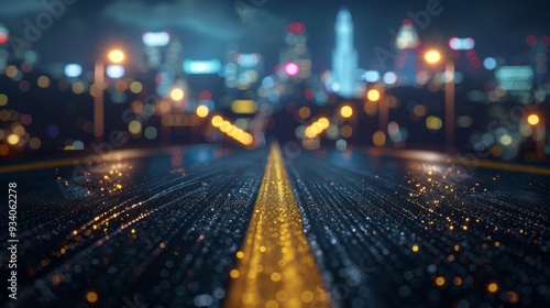 Raindrops glisten on the asphalt as city lights cast a warm glow, creating a mesmerizing pathway into the urban night filled with life photo