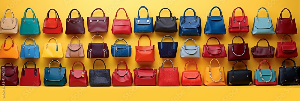 Assorted red and blue women s bags on vibrant yellow background, fashion accessories collection Assorted red and blue women s bags on vibrant yellow background, fashion accessories collection