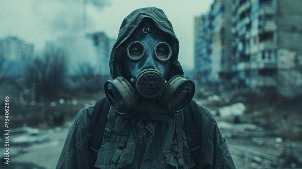 A man in a nuclear war mask, standing in a deserted urban area, with plenty of copy space above and below for additional content A man in a nuclear war mask, standing in a deserted urban area, with plenty of copy space above and below for additional content