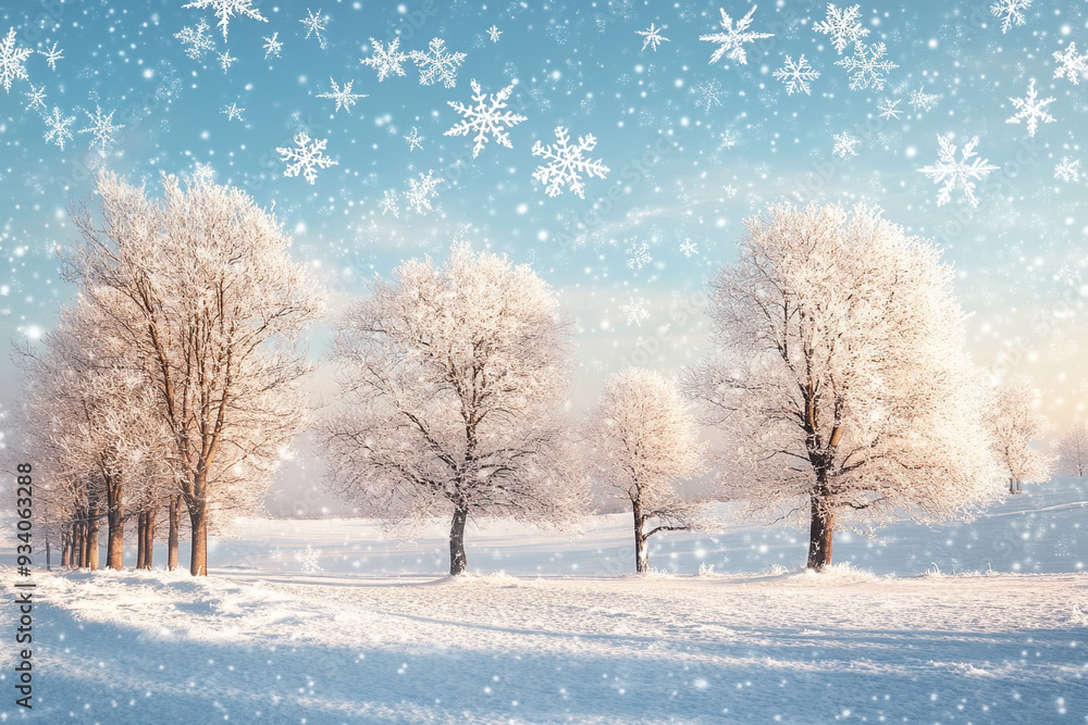 winter landscape with trees and snow flakes winter landscape with trees and snow flakes