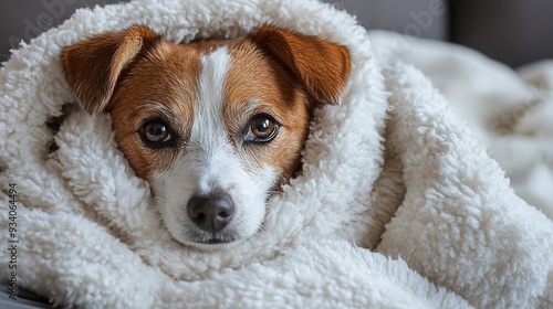 A small brown and white dog with big eyes wrapped in a white fluffy blanket looks directly at the camera.