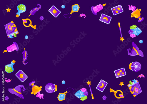 Frame with magic items. Witchcraft alchemy mystery elements.