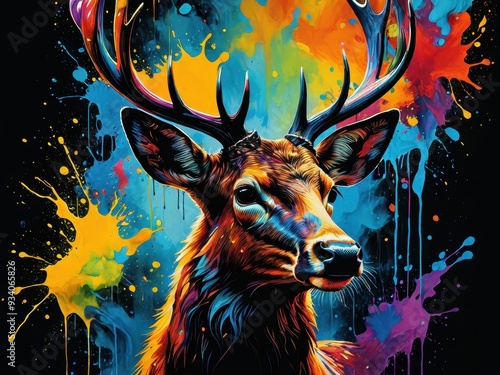 Colorful deer, head portrait with dynamic splashes of paint in a vibrant artistic style photo