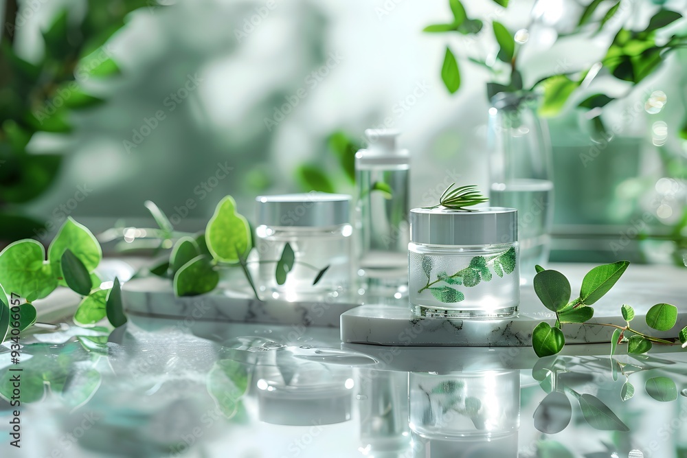Serene Display of Natural Skincare Products Surrounded by Lush Greenery Serene Display of Natural Skincare Products Surrounded by Lush Greenery