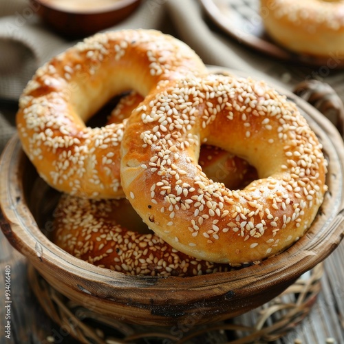 Turkish Bagel with sesame seeds or salty ring cookies. Turkish name; Kandil simidi or tuzlu halka kurabiye photo