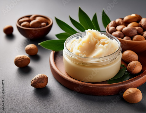 Organic Shea Butter Infused with Nuts on Elegant Grey Background  Natural Skincare Beauty Product