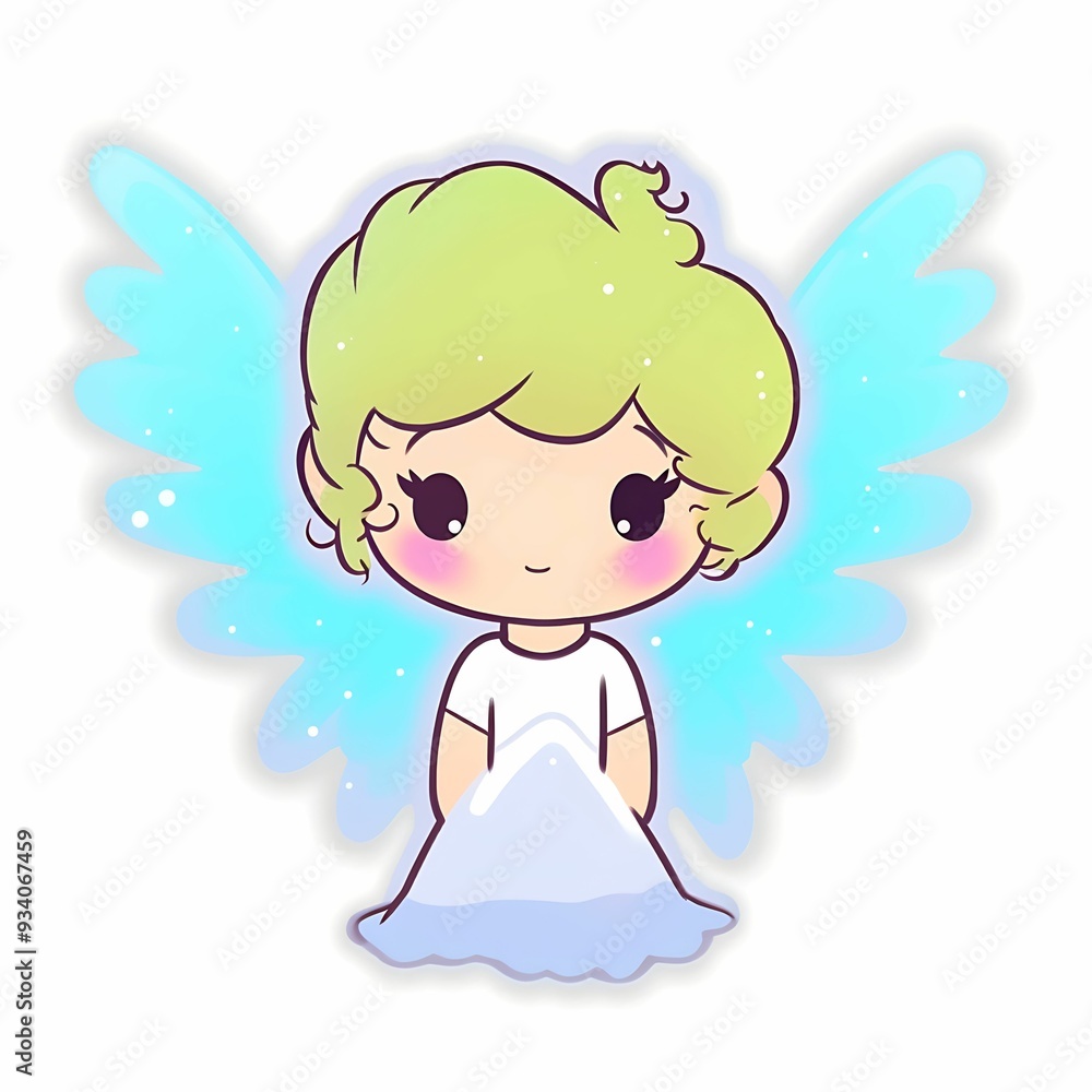 Cute cartoon angel with green hair and blue wings sitting on a cloud Cute cartoon angel with green hair and blue wings sitting on a cloud